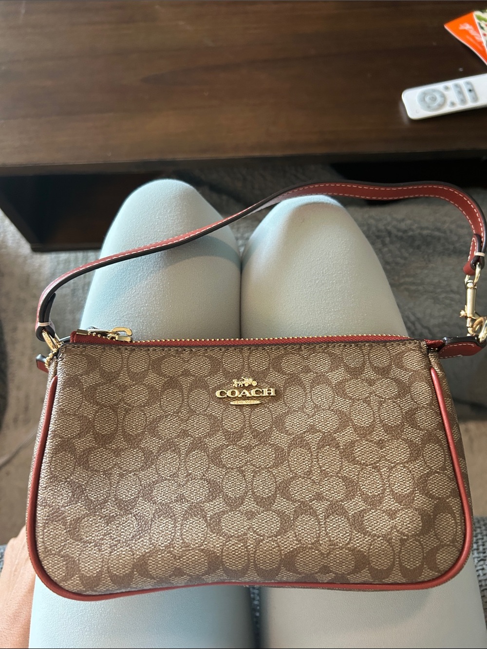 Coach Brown Signature Canvas Mini Shoulder Bag with Red Trim